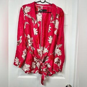 Zara Pink Floral tie waist blazer kimono style Blouse blogger fav size XL